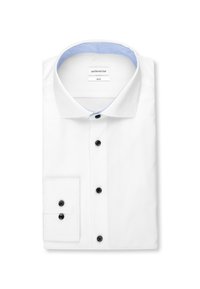 Weißes, slim-fit Hemd mit schwarzen Knöpfen und einem hellblauen inneren Kragenfutter, ordentlich gefaltet.