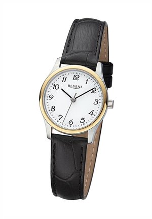 Montre ronde avec un cadran blanc, des chiffres arabes noirs, des aiguilles argentées, une lunette dorée et un bracelet en cuir noir avec un motif texturé.