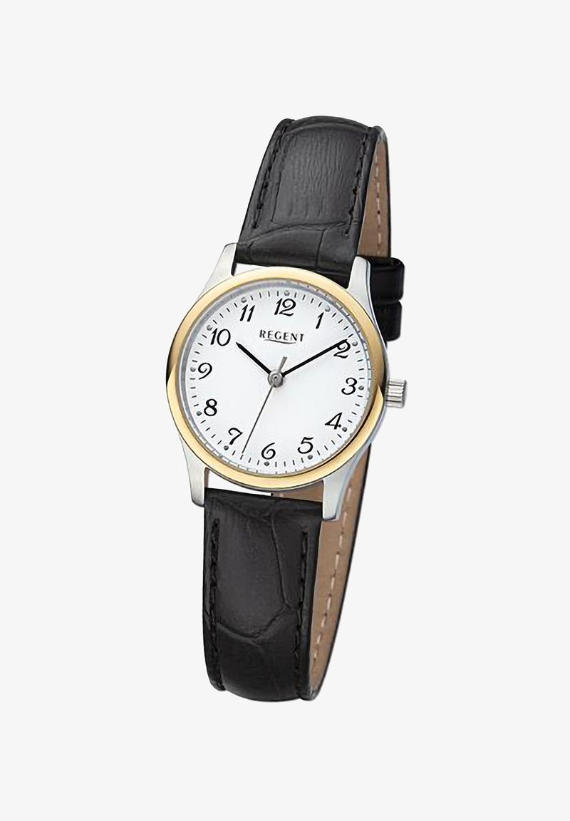 Montre ronde avec un cadran blanc, des chiffres arabes noirs, des aiguilles argentées, une lunette dorée et un bracelet en cuir noir avec un motif texturé.