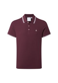 Men’s dark red polo shirt with white double stripes on collar and sleeves, three buttons, and small logo on chest.