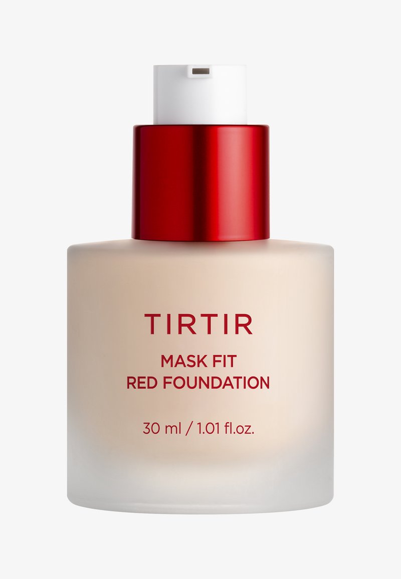 TIRTIR Mask Fit punjeng punng merah, botol kaca frosted beige dengan tutup pompa merah dan putih, kapasitas 30 ml / 1,01 fl. oz.