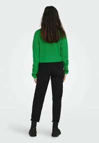 Zielony sweter z dzianiny z długimi rękawami, w połączeniu z czarnymi zwężającymi się spodniami. Sweter ma teksturowane wykończenie i krótki krój.