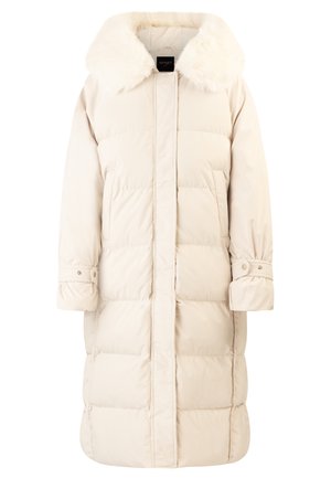 Padded beige winter coat with a faux fur collar, long sleeves, front button closure, and side pockets. Smooth texture and knee-length design.