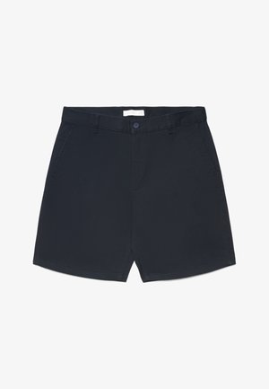 Shorts décontractés pour hommes bleu marine avec fermeture par bouton et fermeture éclair, passants pour ceinture et poches latérales, posés à plat sur un fond blanc.