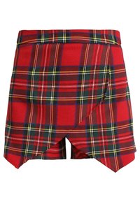 Rode geruite korte broek met een kruisvormig ontwerp, met een mix van zwarte, groene en gele strepen. Gemaakt van een textuurstof.