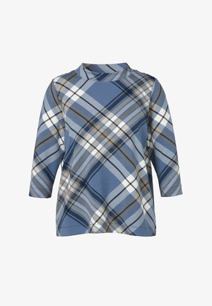 Blau kariertes Oberteil aus weichem Stoff, mit einem Mock-Neck, drei Viertelärmeln und einem Design mit sich kreuzenden weißen, braunen und marineblauen Linien.