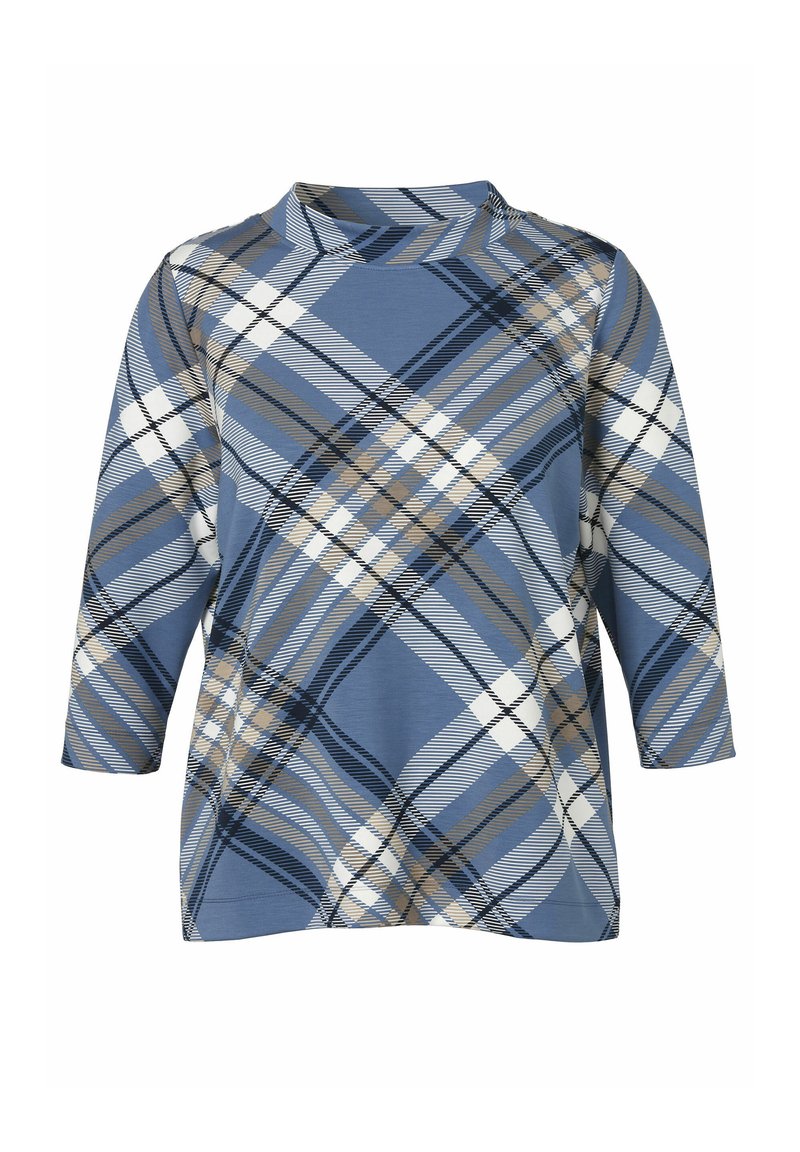 Blau kariertes Oberteil aus weichem Stoff, mit einem Mock-Neck, drei Viertelärmeln und einem Design mit sich kreuzenden weißen, braunen und marineblauen Linien.