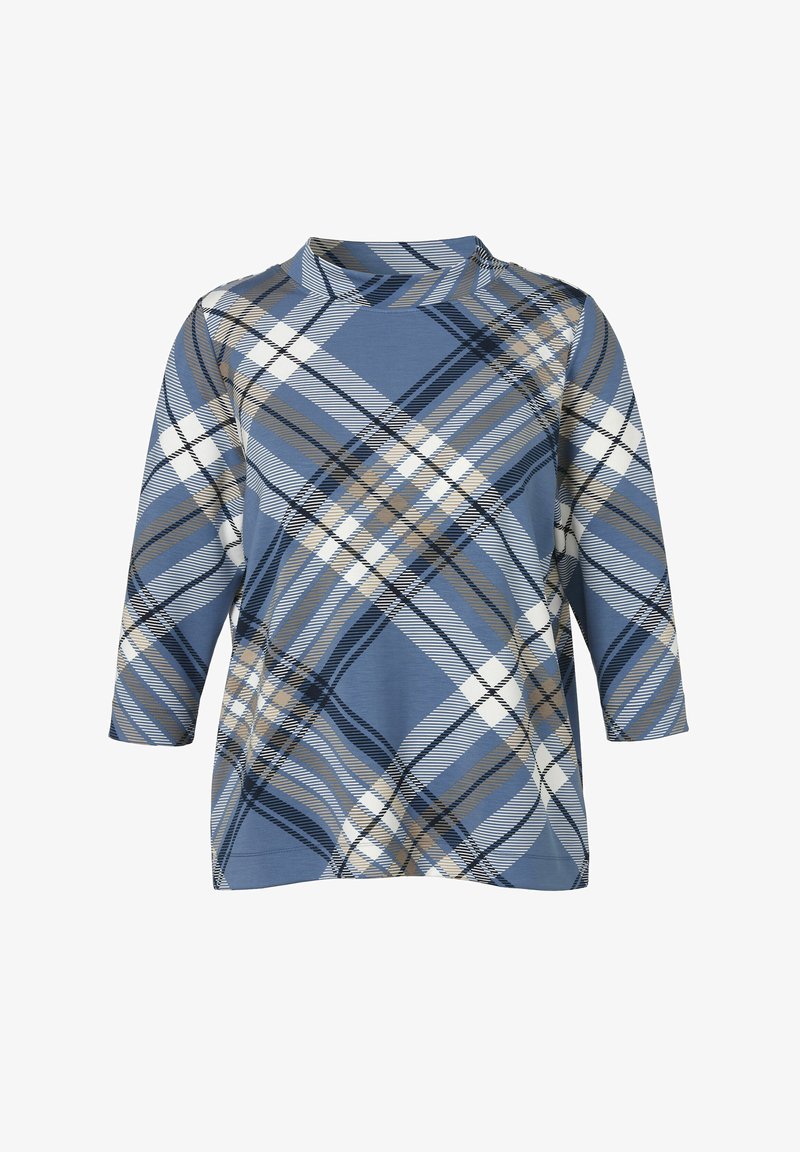 Blau kariertes Oberteil aus weichem Stoff, mit einem Mock-Neck, drei Viertelärmeln und einem Design mit sich kreuzenden weißen, braunen und marineblauen Linien.