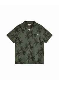 Chemise à manches courtes en tissu vert foncé avec un motif de palmier, dotée d'une poche poitrine et d'un col pointu.