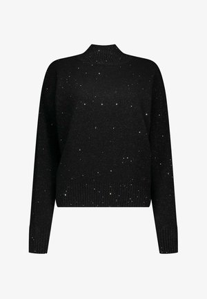 Zwarte lange mouwen sweater met geribbelde kraag en sprankelende paillettendetails door de stof.