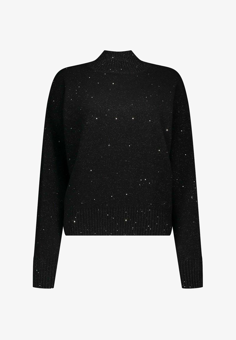 Maglione nero a maniche lunghe con collo alto a coste e dettagli scintillanti di paillettes su tutto il tessuto.