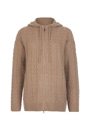 Brązowa dzianinowa bluza z kapturem na zamek błyskawiczny z warkoczowym wzorem, z troczkami i ściągaczami na mankietach oraz u dołu, prezentowana na białym tle.