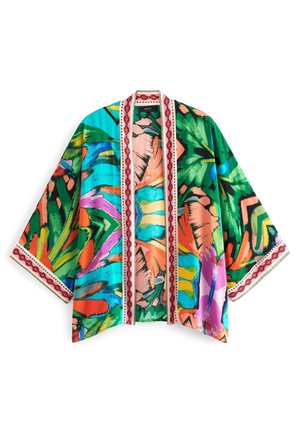 Kimono à ouverture frontale avec manches larges présentant un motif floral abstrait coloré aux nuances de vert, bleu, orange, rose et violet.