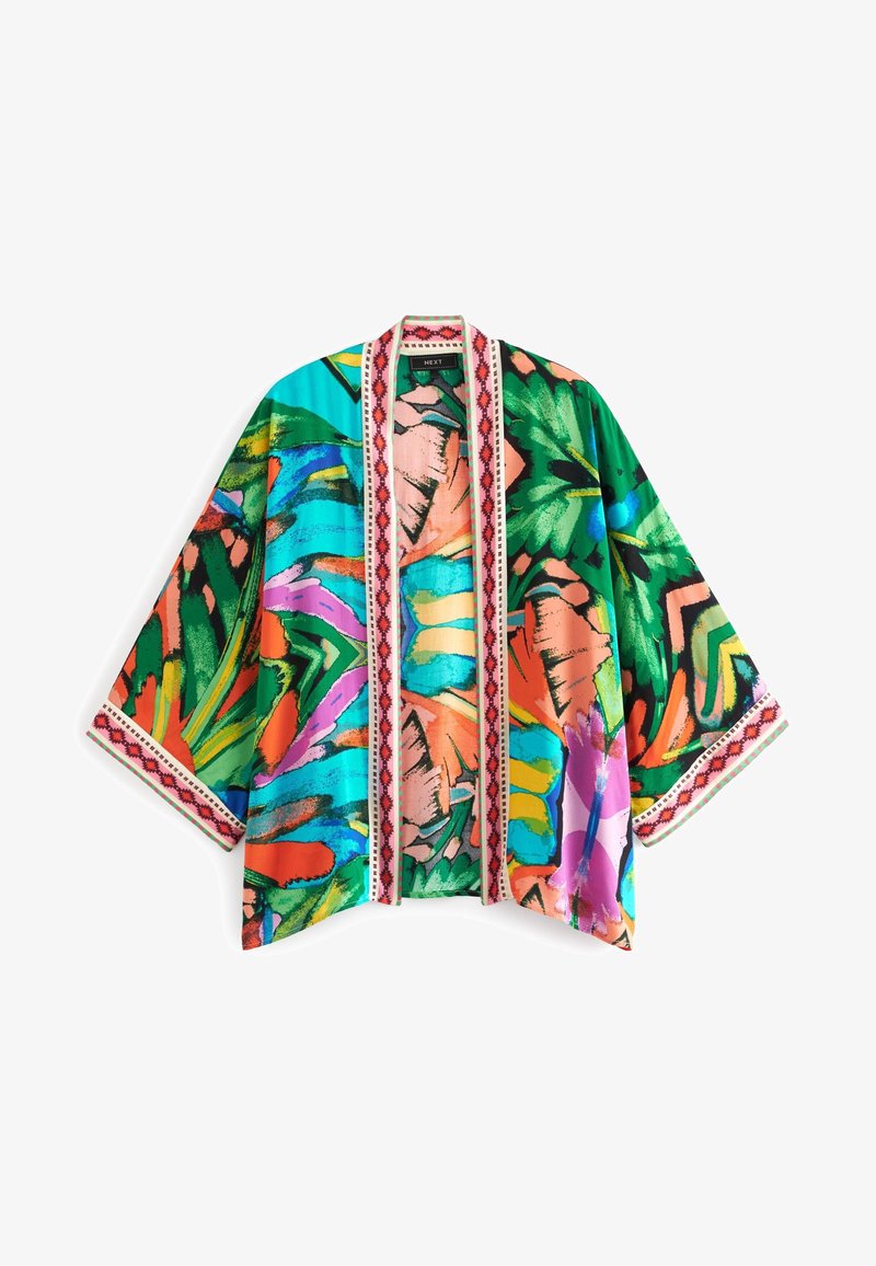 Kimono à ouverture frontale avec manches larges présentant un motif floral abstrait coloré aux nuances de vert, bleu, orange, rose et violet.