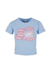 Light blue cotton t-shirt featuring a graphic design with pink lips and text reading "CAN I GIVE YOU A KISS" in bold, playful font.