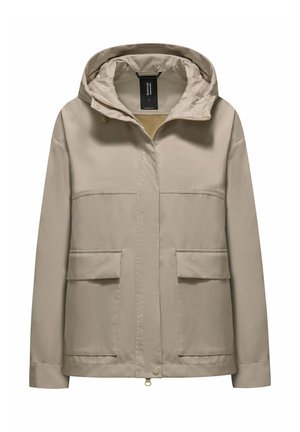 Beige capuchonjack met rits aan de voorkant, drukknoopsluiting en twee grote klepzakken op een effen achtergrond.