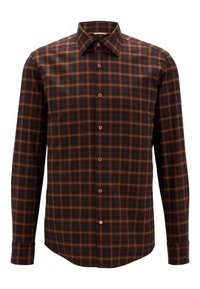 Bruin en oranje geruite lange mouw shirt met een spitse kraag en knoopsluiting aan de voorkant. Beschikt over een normale pasvorm en een ronde zoom. Gemaakt van katoenmix stof.