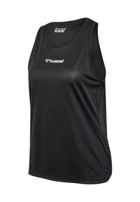 Black sleeveless athletic tank top made from a lightweight, moisture-wicking fabric, featuring a round neckline and a logo on the front.
