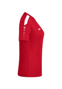 Maglietta atletica rossa con maniche corte. Accenti bianchi sulle spalle e pois sulle maniche. Realizzata in tessuto traspirante, design slanciato.