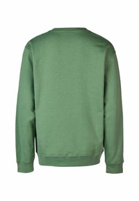 Green sweatshirt, cotton material, crew neck, long sleeves, ribbed cuffs and hem, smooth texture, solid color with no patterns or accents.