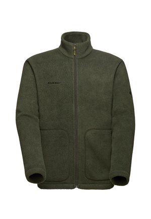 Olivgrüne Fleecejacke mit einem hohen Kragen, durchgehendem Reißverschluss und zwei Fronttaschen. Verfügt über dezentes Branding und eine glatte Textur.