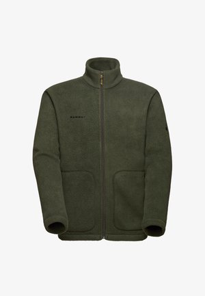 Olivgrüne Fleecejacke mit einem hohen Kragen, durchgehendem Reißverschluss und zwei Fronttaschen. Verfügt über dezentes Branding und eine glatte Textur.