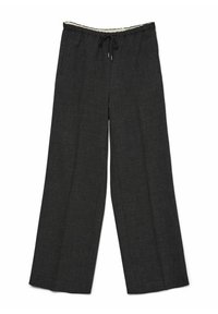 Pantalons larges en tissu gris foncé avec une finition texturée. Caractéristiques d'une taille élastique avec un cordon de serrage pour un ajustement réglable.