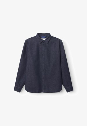 Cămașă închisă la culoare, de un albastru intens, cu guler ascuțit, mâneci lungi, textură din material ce amintește de denim, având șase butoane pe față.