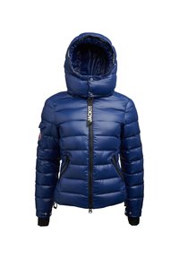 Veste matelassée bleu marine avec col montant, capuche ajustable, poches zippées, poignets intérieurs noirs, et fermeture éclair avant étiquetée "JACKIT".