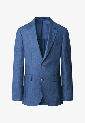 Blaues Herren-Zweiknopf-Sakko mit Kerbkragen, Pattentaschen und glattem Innenfutter.