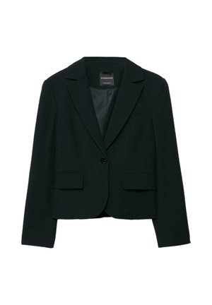 Veste noire sur mesure avec revers crantés, deux poches avant, fermeture à un bouton, et doublure intérieure lisse. Design structuré, aspect formel.