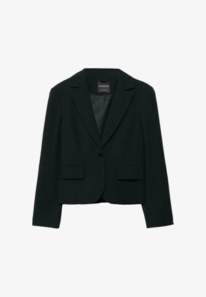 Veste noire sur mesure avec revers crantés, deux poches avant, fermeture à un bouton, et doublure intérieure lisse. Design structuré, aspect formel.