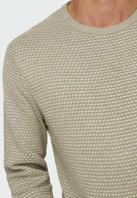 Beige gebreide trui met een gemêleerd patroon van kleine verhoogde stippen, ronde halslijn en geribde manchetten.