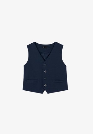 Gilet senza maniche blu navy con quattro bottoni frontali e due piccole tasche orizzontali, progettato per un abbigliamento formale.