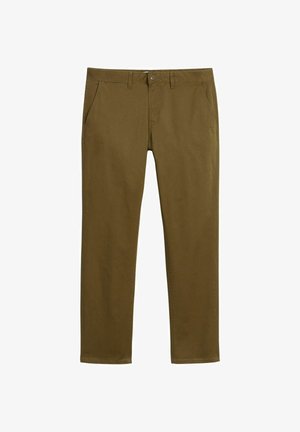 Beżowe chinosy wykonane z bawełny, z zamkiem błyskawicznym, zapięciem na guzik, kieszeniami bocznymi oraz dopasowanym krojem.