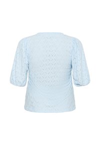Light blue textured blouse with puff sleeves, featuring a diamond pattern and a round neckline. Soft, breathable fabric. Back view displayed.