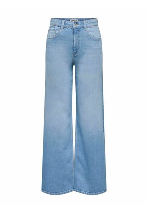 Jean large bleu clair en denim, avec une taille haute, des passants de ceinture et un design classique à cinq poches. Texture lisse avec un minimum d'usure.