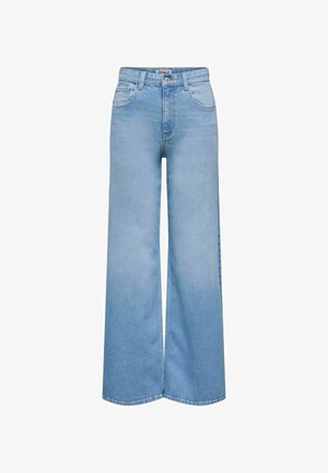 Jean large bleu clair en denim, avec une taille haute, des passants de ceinture et un design classique à cinq poches. Texture lisse avec un minimum d'usure.