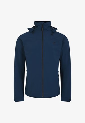 Námořnická voděodolná bunda vyrobená z hladkého materiálu, s vysokým límcem, nastavitelnou kapucí a bočními kapsami na zip s černými zipy.