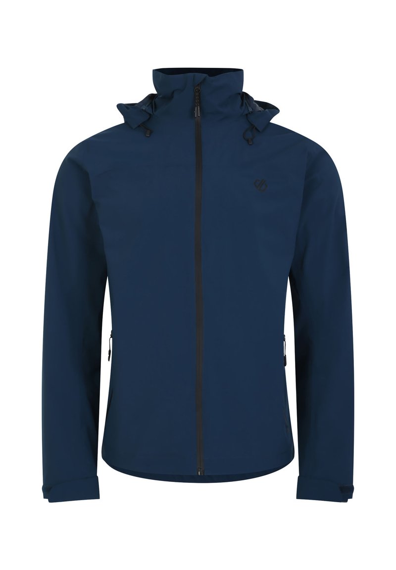 Giacca impermeabile blu navy realizzata in tessuto liscio, con colletto alto, cappuccio regolabile e tasche laterali con zip nera.