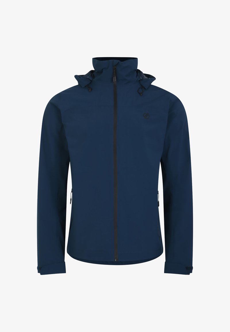 Navy waterproof jacket made of smooth fabric, featuring a high collar, adjustable hood, and zippered side pockets with black zippers.