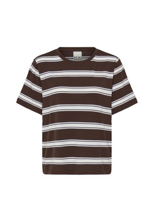 Brun kortærmet t-shirt med hvide og tynde sorte vandrette striber, rund halsudskæring og ICHI-mærkat inde i kraven.