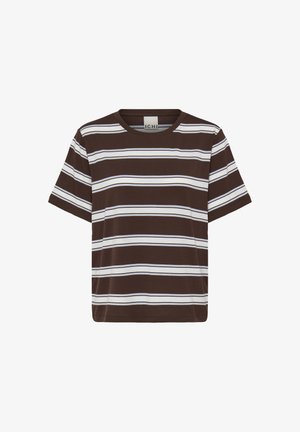 Brun kortærmet t-shirt med hvide og tynde sorte vandrette striber, rund halsudskæring og ICHI-mærkat inde i kraven.