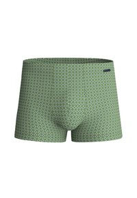 Groene boxershorts met een klein vierkant patroon in marineblauw en wit, met een merketiket aan de rechterkant van de tailleband.