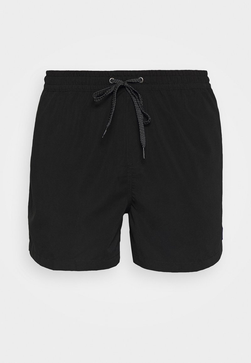 Black swim shorts with an elastic waistband, adjustable drawstring, and a smooth texture. No patterns or hardware visible.