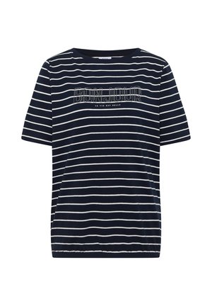 Granatowy t-shirt z krótkim rękawem w białe poziome paski, z napisem "BONJOUR" ozdobionym dżetami nad tekstem "LA VIE EST BELLE".