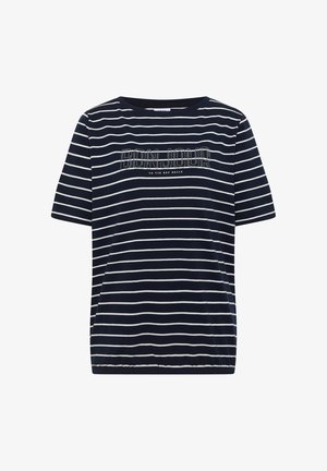 Tmavě modré tričko s krátkým rukávem, bílé vodorovné pruhy a nápis "BONJOUR" zdobený kamínky nad textem "LA VIE EST BELLE".