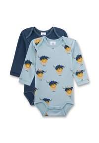 Twee longsleeve bodysuits, één innavy en  één in lichtblauw met kleurrijke stierenpatronen, gemaakt van zachte katoen met drukknoopsluitingen.