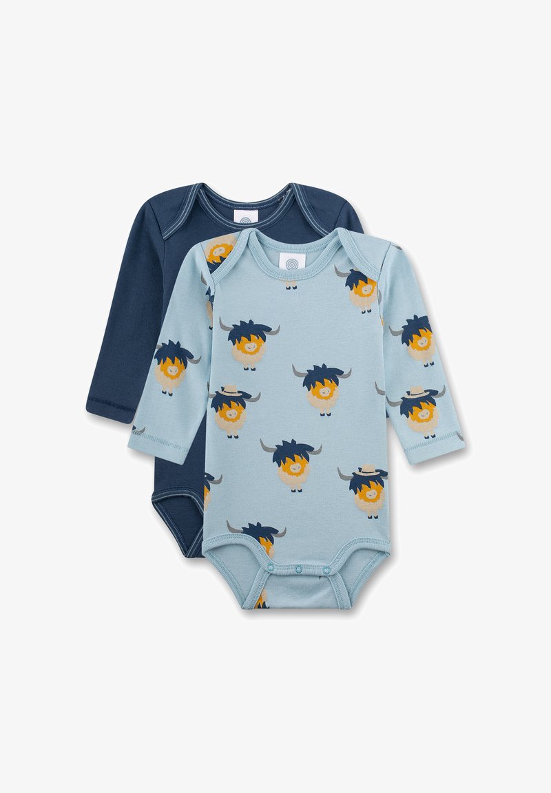 Zwei langärmelige Bodysuits, einer in Marineblau und einer in Hellblau mit bunten Stier-Mustern, aus weicher Baumwolle mit Druckknopfverschlüssen.