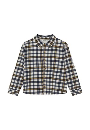Koszula w kratę z długimi rękawami, zapinana na guziki, z kołnierzykiem. Charakteryzuje się niebiesko-biało-żółtym wzorem w kratę na teksturowanej tkaninie.